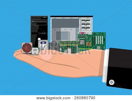 Motherboard, Hard Drive, Cpu, Fan, Graphic Card, Memory, Screwdriver And Case. Set Of Personal Compu