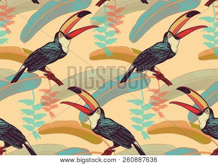 Birds Toucans On Background Of Tropical Leaves And Flowers. Floral Seamless Pattern For Design Paper