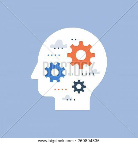 Side View Head Full Of Cogwheels, Brain Work Gear, Cognitive Skill, Technology People, Artificial In