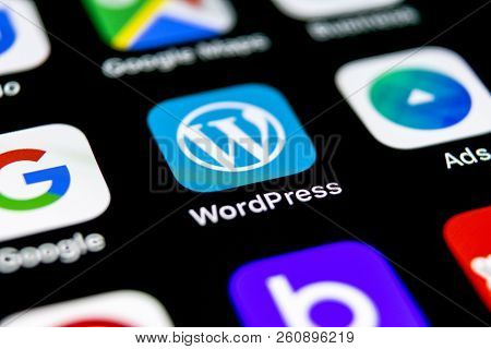 Sankt-petersburg, Russia, September 30, 2018: Wordpress Application Icon On Apple Iphone X Screen Cl