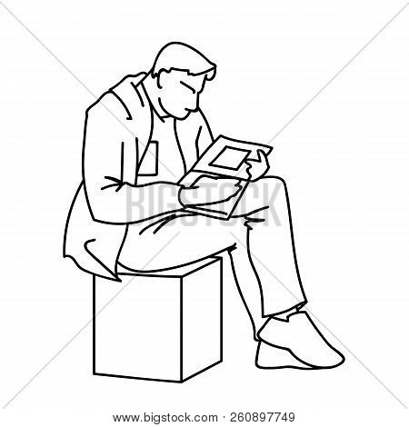 An Adult Man Is Reading A Book Sitting On A Cube. Vector Illustration Of A Man Gazing Intently Into 