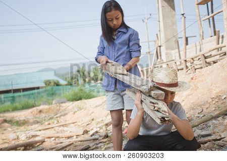 Poor Children Working At Construction Site Against Children Labour,  World Day Against Child Labour 