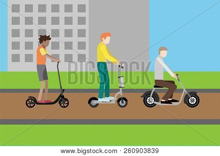 People On Electric Scooters In Flat Style.