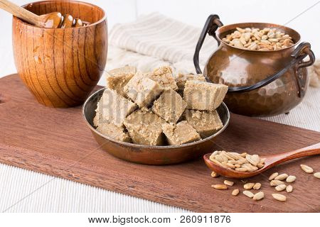 Homemade Sunflower Halva. Oriental Sweets. Retro Style.