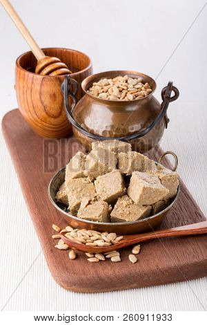 Homemade Sunflower Halva. Oriental Sweets. Retro Style.
