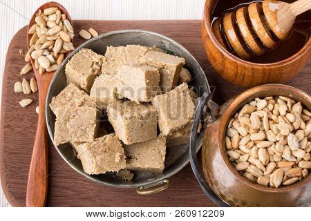 Homemade Sunflower Halva. Oriental Sweets. Retro Style.