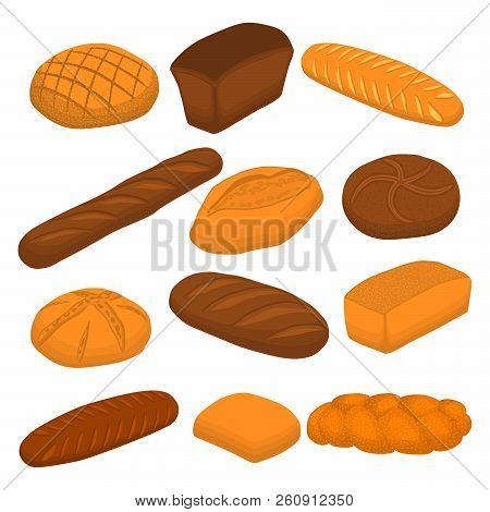 Vector Illustration Of Set Of Baked Bread, Dark Rye Brick, Soft Baguette For Bakery. Bread Consistin