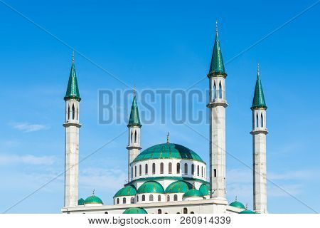 The Cathedral Mosque At Sunny Day In Cherkessk, Karachay-cherkessia, Russia. Details Of The Architec