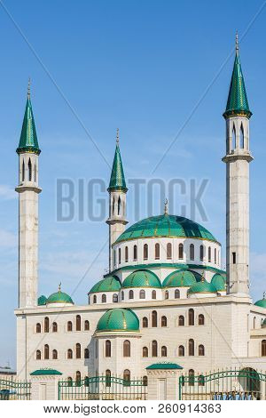 The Cathedral Mosque At Sunny Day In Cherkessk, Karachay-cherkessia, Russia. Details Of The Architec