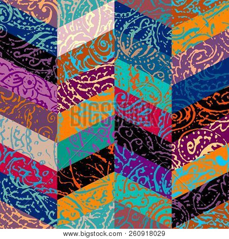 Grunge Paisley Pattern In Collage Patchwork Style.