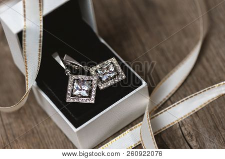 Silver Earrings With Fianits In White Gift Box. Gift For Christmas.