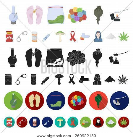 Drug Addiction And Attributes Cartoon Icons In Set Collection For Design. Addict And Drug Vector Sym