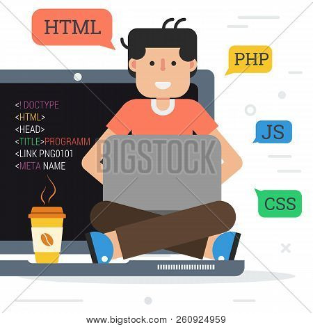 Vector Illustration Of Working Programmer With Coffee Sitting On A Laptop With Black Monitir And Tex