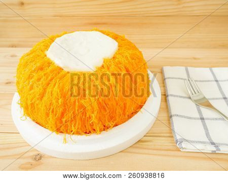 Egg Thread Cake (fios De Ovos) Topped With Creamy Coconut Whipped Cream