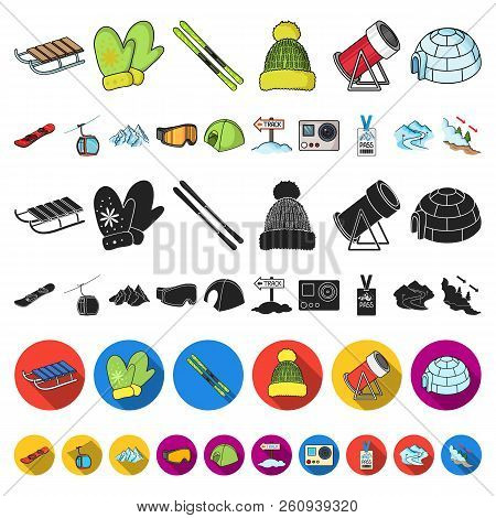 Ski Resort And Equipment Cartoon Icons In Set Collection For Design. Entertainment And Recreation Ve
