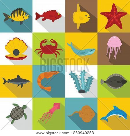 Sea Animals Icons Set. Flat Illustration Of 16 Sea Animals Icons For Web