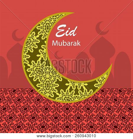 Happy Eid Mubarak Islamic Design. Engraving Yellow Muslim Moon.