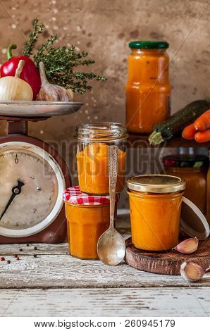 Canning Zucchini And Other Vegetables Spread (ikra), Copy Space For Your Text