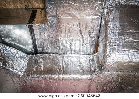 Gas Heating And Cooling Duct Closeup Photo. Ductwork Or Conduits System.