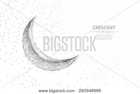 Vector Crescent Moon. Abstract Polygonal Wireframe Moon Illustration On White Background With Stars 
