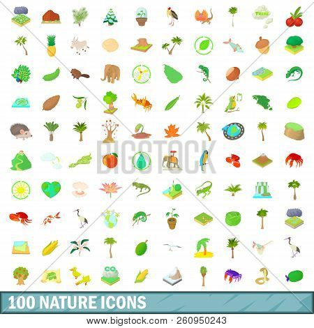 100 Nature Icons Set In Cartoon Style For Any Design Illustration