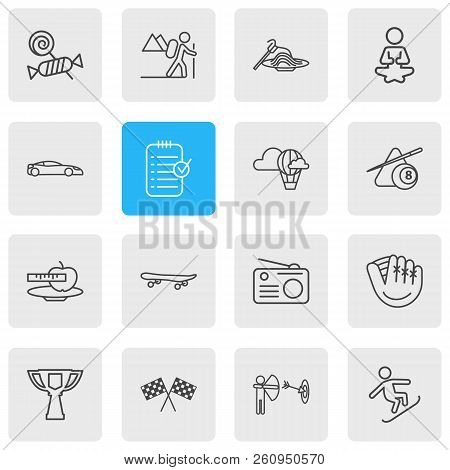 Vector Illustration Of 16 Hobby Icons Line Style. Editable Set Of Archery, Hot Air Balloon, Snowboar