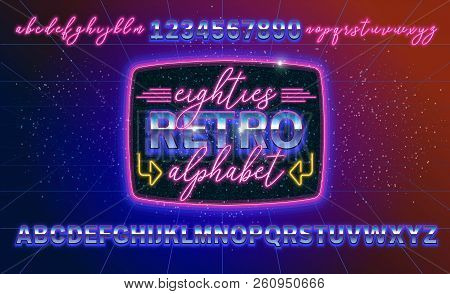 80s, Retro Alphabet Font Banner Or Cover. Old Style Vector Poster. Disco Fluorescent Neon Style For 