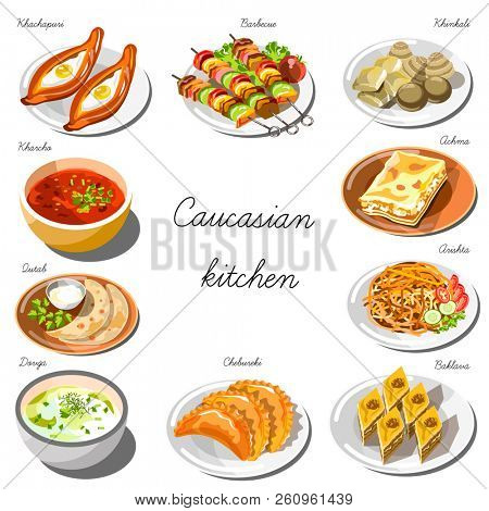 Caucasian cuisine set. Collection of food dishes