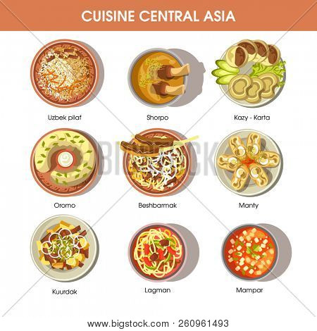 Central Asia food cuisine  icons for restaurant menu