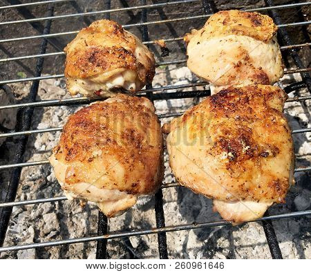 Beautiful Tasty Food From Slice Grilled Chicken Meats, Roast On Metal Brazier. Meat Of Bird With Cri