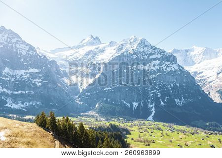 Houses In Small Village On Mountain Alps At Grindelwald First Peak Switzerland Europe