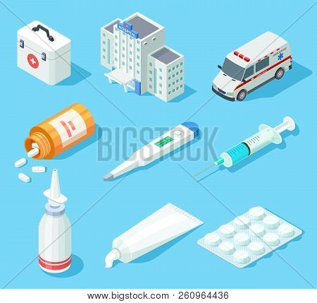 First Aid Kit. Medical Pharmacy Oral Spray, Medicines And Pills. Ambulance Car And Hospital Building