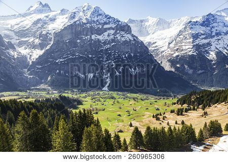 Houses In Small Village And Hotels On Mountain Alps At Grindelwald First Peak Switzerland Europe