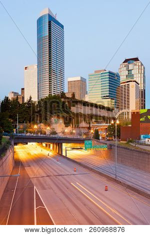 Seattle, Washington, United States - July 07, 2012: Intersate I-5 Under Freeway Park At Downtown.