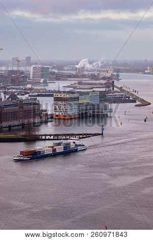 Amsterdam, March 29, 2016, Netherlands:view On The Industrial Zone And Harbor In Amsterdam From The 