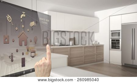 Smart Home Control Concept, Hand Controlling Digital Interface From Mobile App. Blurred Background S