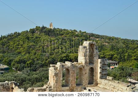 Monument To Philopapos, On The Top Of The Hill Philopapos Seen From The Acropolis Of Athens. Archite