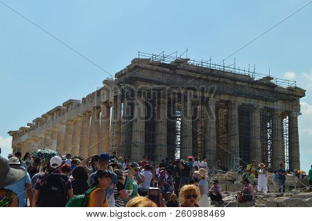 Partenon In The Acropolis Of Athens. Architecture, History, Travel, Landscapes. July 9, 2018. Athens
