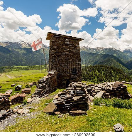 Watchtower Made Of Shale Stone. Kvemo (upper) Omalo In Georgian Caucasus In Tusheti Region