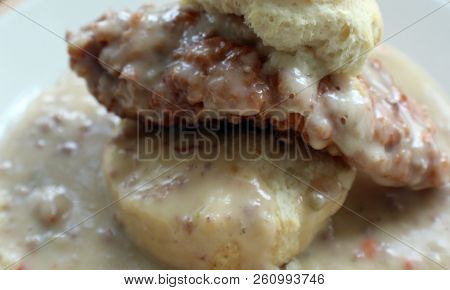 White Plate Souhern Style Chicken Biscuit With Gravy