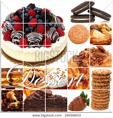 Collage di dessert tra cui torte, frutta, torte, pasticceria, biscotti e più sopra bianco.