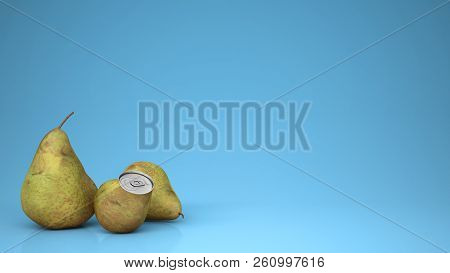 Fresh Pear Juice In Pear Can And Pears, Over Blue Background With Copy Space, Natural Drink Concept