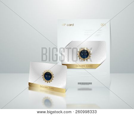 Vector White Vip Card Presentation With Golden Frame. Vip Membership Or Discount Card. Luxury Club T