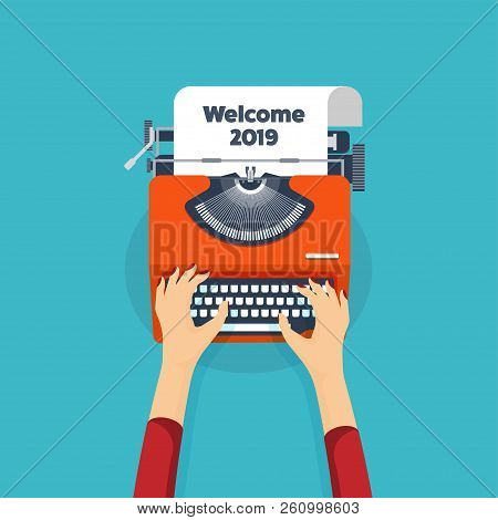 Typewriter In A Flat Style. Christmas Wish List. Letter To Santa. New Year. 2019. December Holidays.