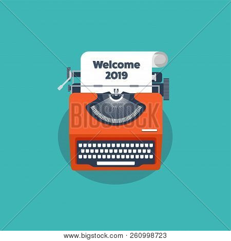 Typewriter In A Flat Style. Christmas Wish List. Letter To Santa. New Year. 2019. December Holidays.