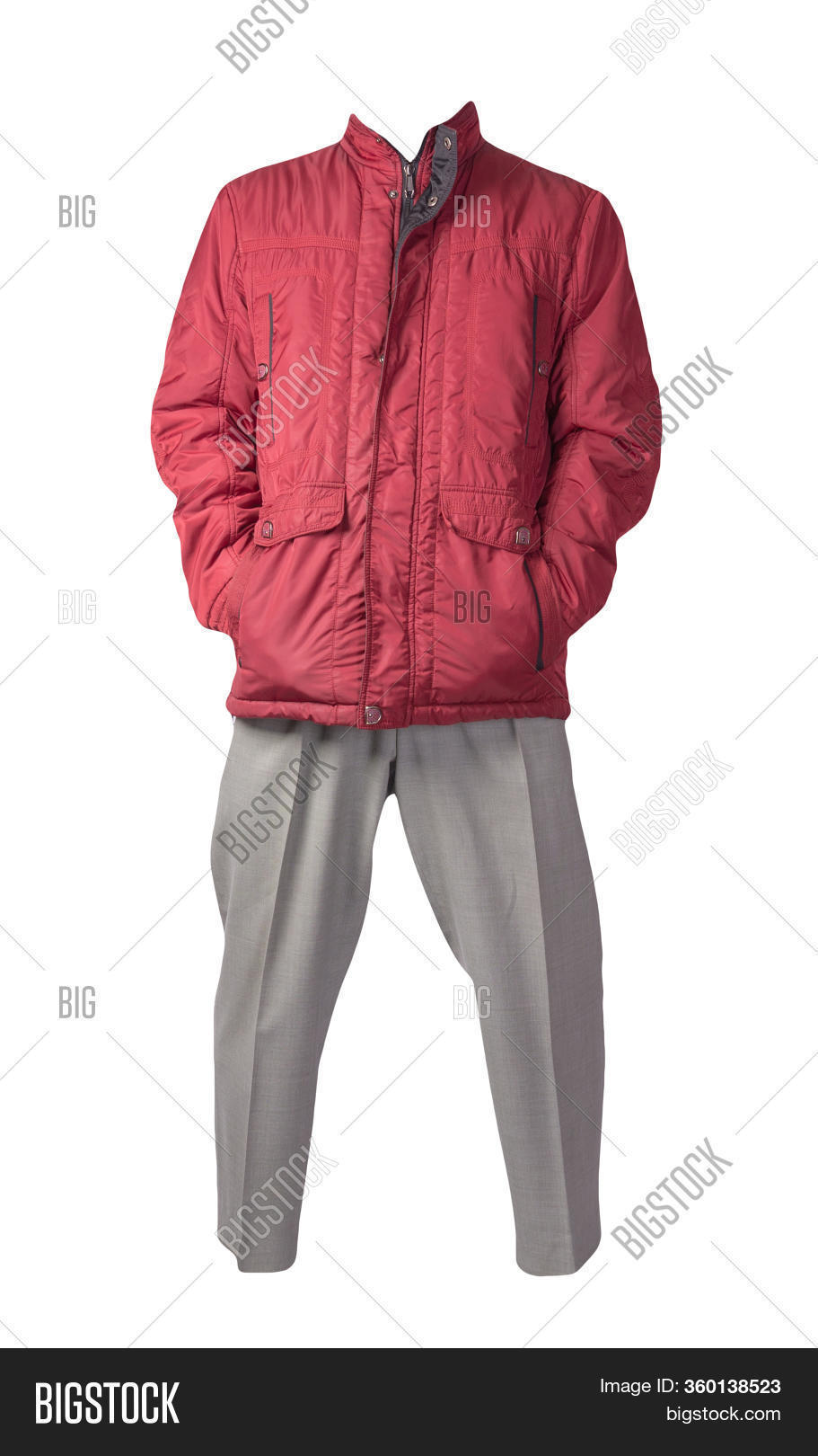 red jacket grey pants