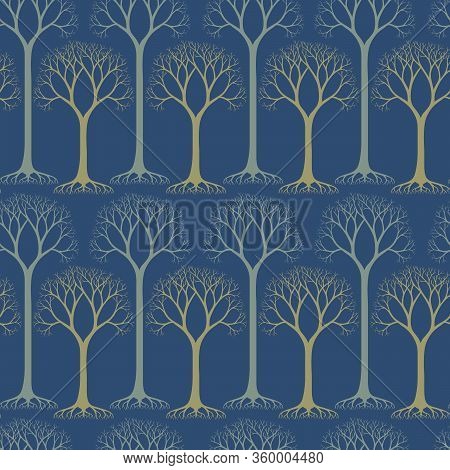 Seamless Pattern With Barren Tree Silhouettes. Hand Drawn Natural Illustration With Stylized Trees. 