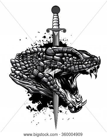 Monochromatic Snake And Knife. Old School Tattoo. Vector Tattoo Art Snake And Knfe