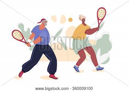 Elderly Couple Play Tennis. Catchy Modern Illustration. Healthy Active Life Vector Concept..