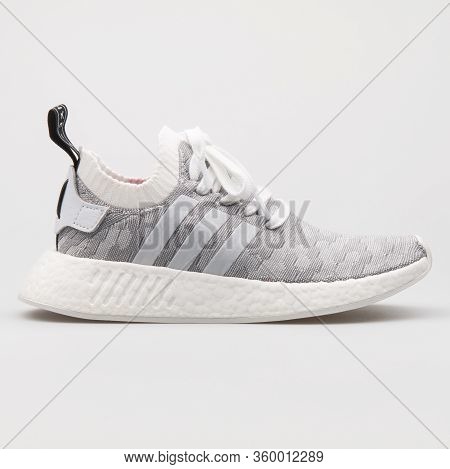 Vienna, Austria - August 14, 2017: Adidas Nmd R2 Pk Grey And White Sneaker On White Background.